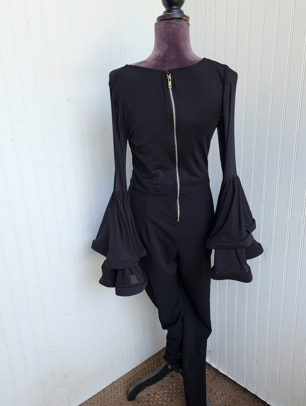 Venus Jumpsuit Skinny Leg Womens Black Mesh Top Layered Flared Wired Sleeves M - Picture 3 of 16